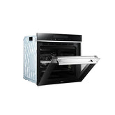 Black oven with open door on a white background